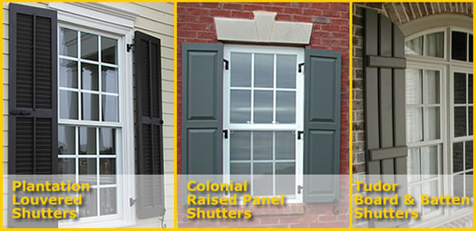 Plantation Louvered Shutters, Colonial Raised Panel Shutters, Tudor Board and Batten Shutters