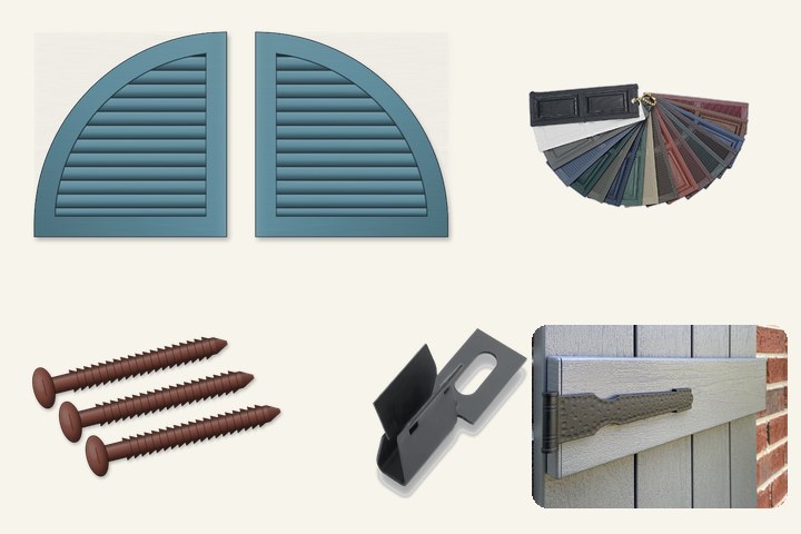 Vinyl shutter accessories: arch tops, color sample kit, shutterplugs, mounting clip and faux hinge
