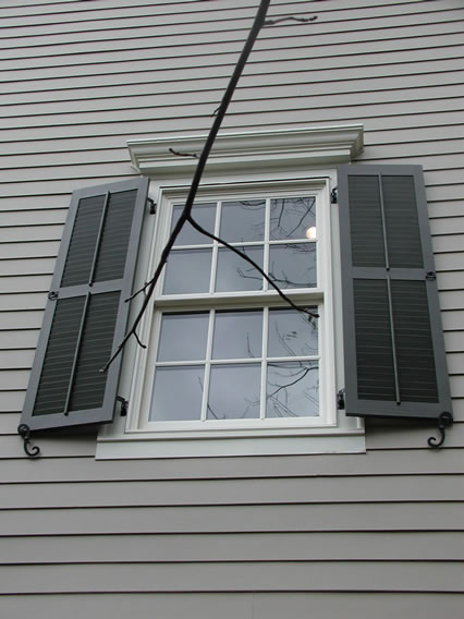 Louvered Shutters with Faux Tilt Rods and Pull Rings - Scroll Tie Backs 