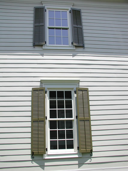 Exterior Shutter Sample from Sunbelt Shutters - Featuring Louvered, Board and Batten, Bahama, and Raised Panel Shutters