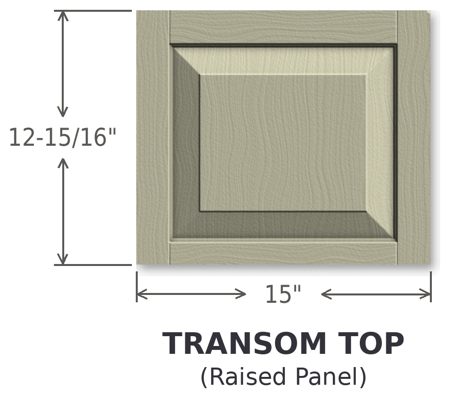 Raised panel transom top, 15 inches wide by 12-15/16 inches high
